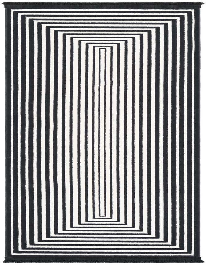 A 6 ft runner rug with a modern black and white striped pattern, creating a rectangular optical illusion.