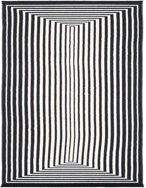 A black and white modern striped runner rug, 8 ft, with a captivating optical illusion pattern, ideal for a hallway or kitchen.