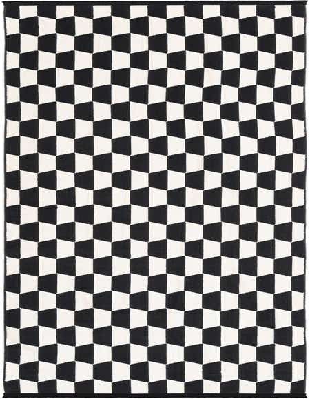 A 12 ft runner rug from the Rugs.com Milano collection, featuring a bold black and white geometric pattern of interlocking rectangles, perfect for a modern hallway.