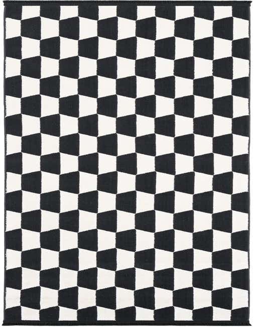 A black and white 8 ft runner rug with a bold geometric pattern, ideal for a modern hallway or kitchen.