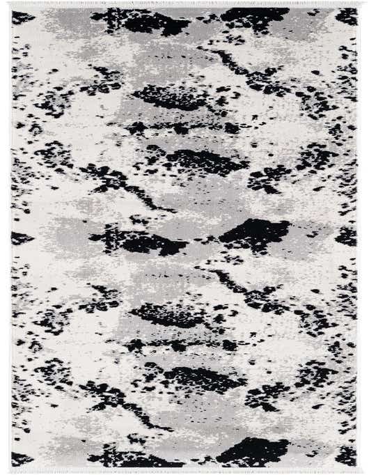 A black, white, and gray abstract runner rug with a modern, painterly pattern, perfect for a hallway or kitchen.