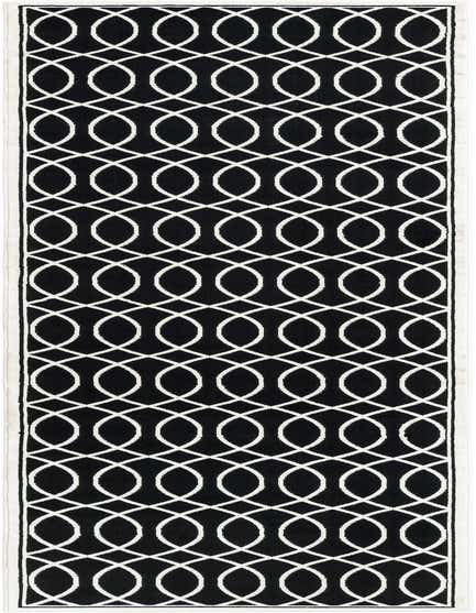 A black runner rug with a repeating white geometric interlocking oval pattern, ideal for a hallway.