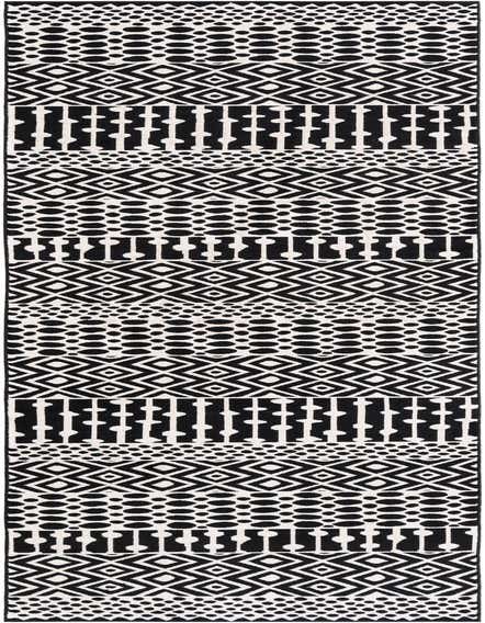 A 12 ft black and white runner rug with alternating geometric patterns, including diamonds, polka dots, and abstract lines.