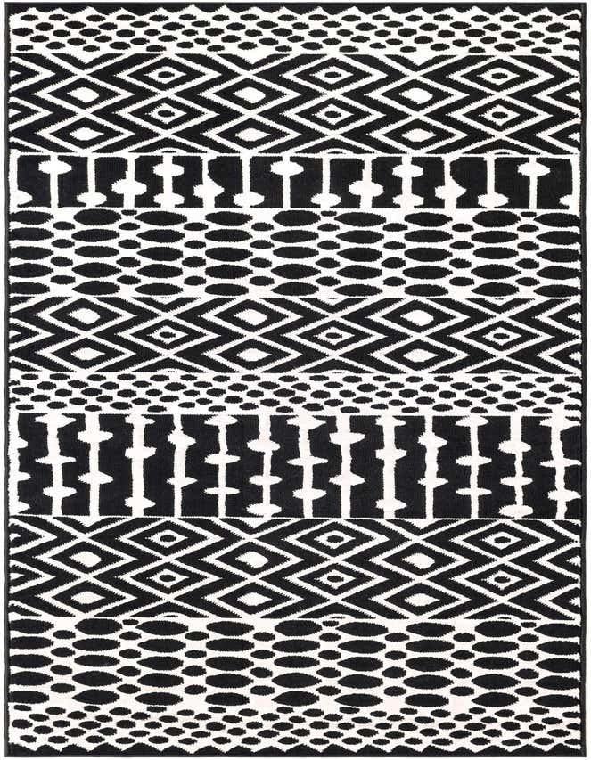 A 6 ft black and white runner rug featuring bold geometric patterns, including diamonds, stripes, and dots, ideal for a hallway.