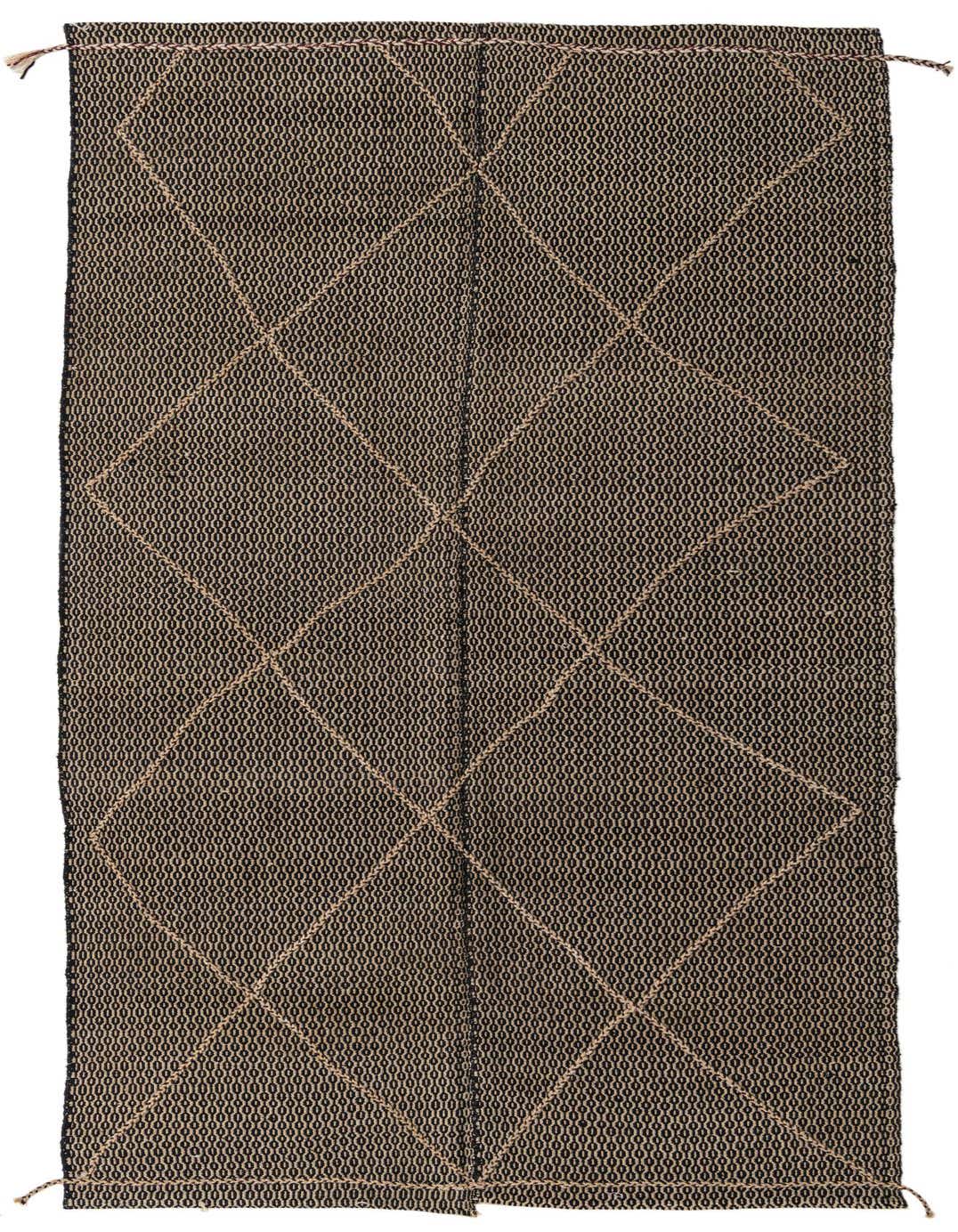 A 12 ft runner rug in black and ivory, featuring a tribal geometric diamond pattern, suitable for a hallway.