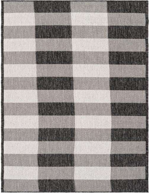 A black and white checkered flatweave runner rug, 8 ft, ideal for a hallway or patio.