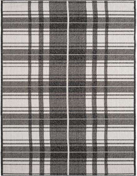 A 12 ft black and white plaid runner rug with a modern checkered pattern, suitable for a hallway or patio.