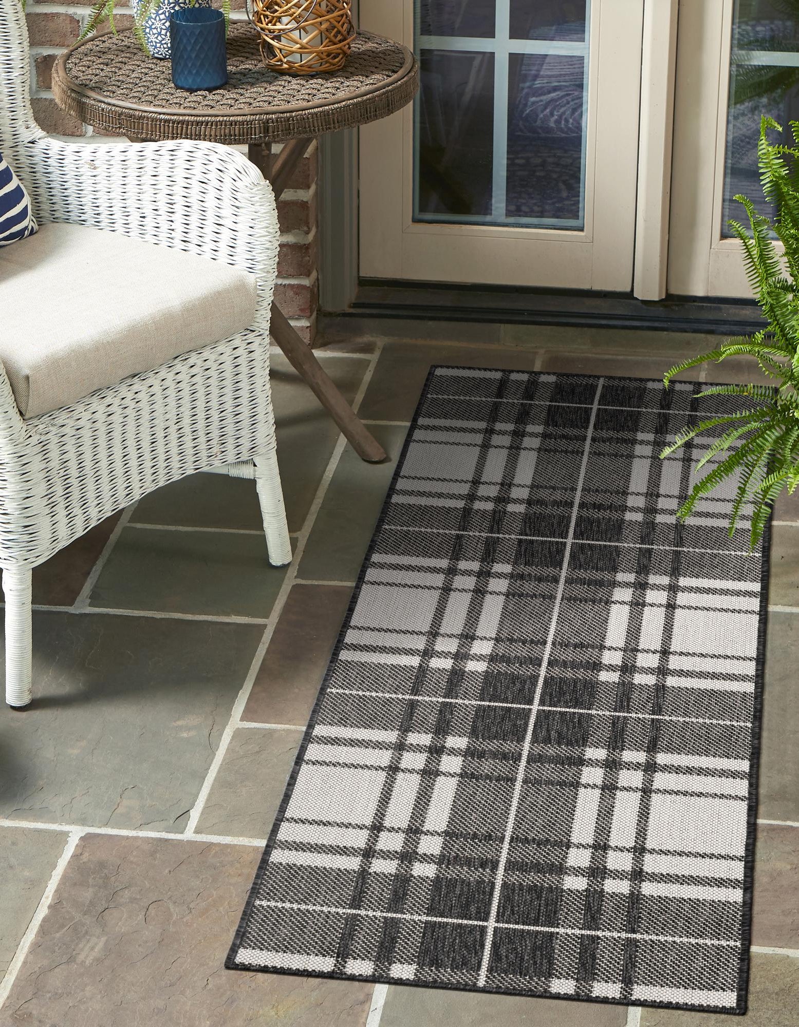 Black and White 2' x 6' Checkered Indoor / Outdoor Runner Rug | Rugs.com