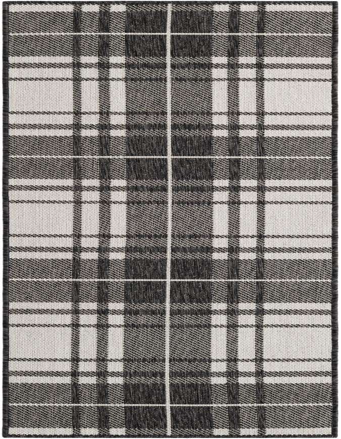A 6 ft runner rug featuring a modern black and white plaid pattern, suitable for indoor or outdoor use.