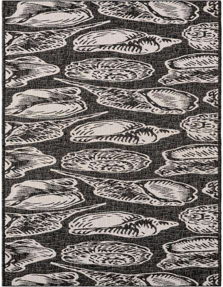 A 12 ft runner rug featuring a black background with large, detailed ivory and cream seashell patterns, ideal for a hallway or patio.