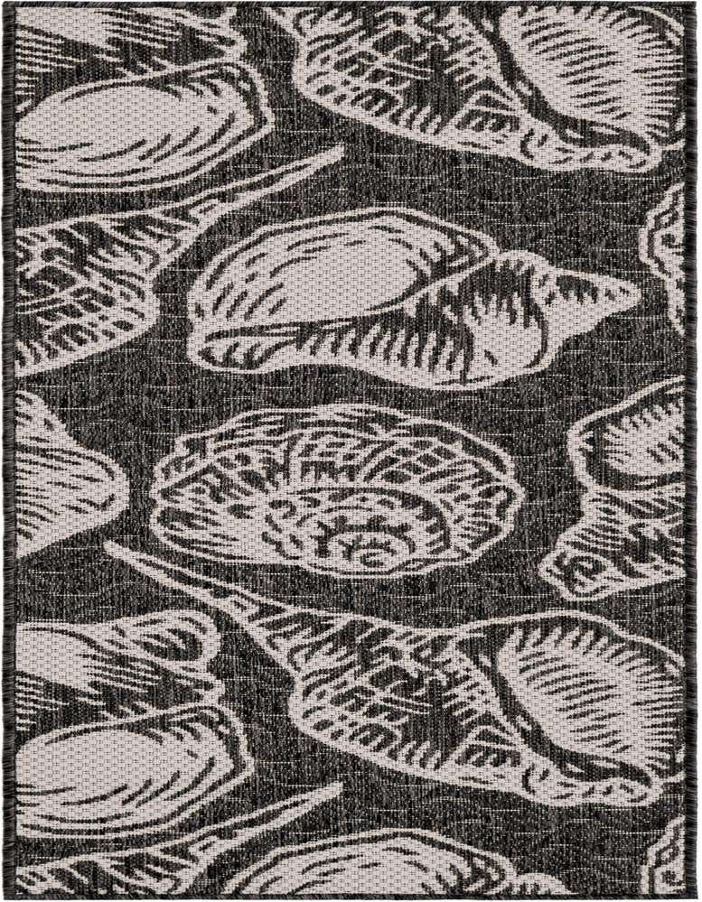 A 5 ft runner rug from the Rugs.com Outdoor Coastal collection, featuring a modern black and white seashell pattern, ideal for a hallway or patio.