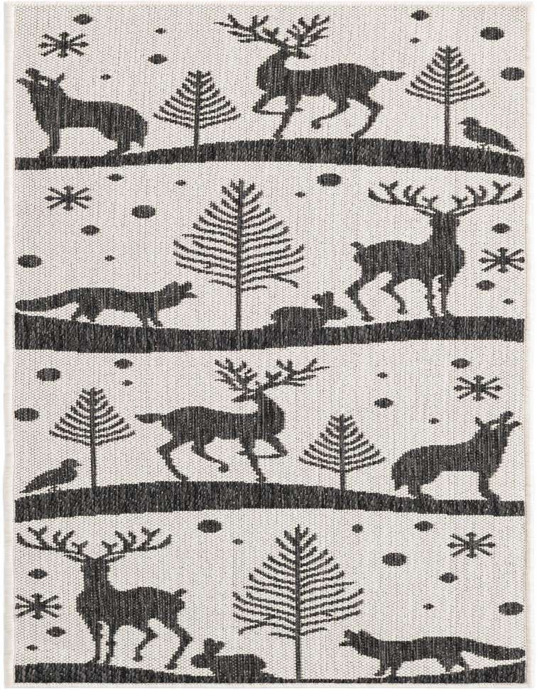 A 5 ft runner rug with a modern black and white winter forest scene, featuring deer, foxes, rabbits, and trees.