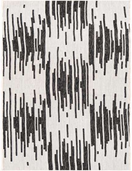 A 12 ft runner rug with a modern black and white abstract stripe pattern, suitable for a hallway or patio.