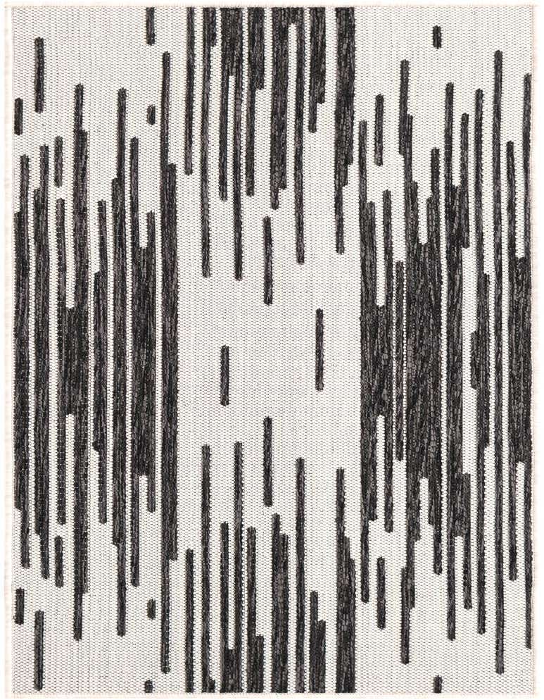 A 5 ft runner rug with a modern black and white stripe pattern, suitable for a hallway or patio.