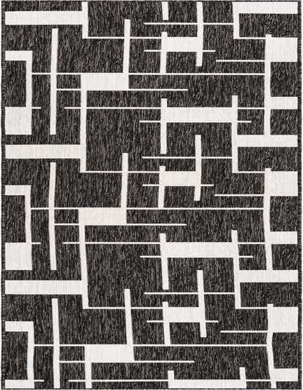 A black and white modern runner rug with a geometric striped pattern, ideal for a hallway or patio.