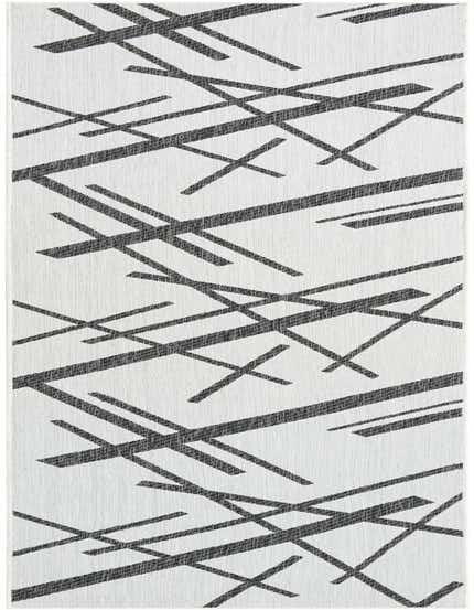 A 12 ft runner rug featuring a modern abstract pattern of intersecting black lines on a white background, suitable for a hallway or patio.