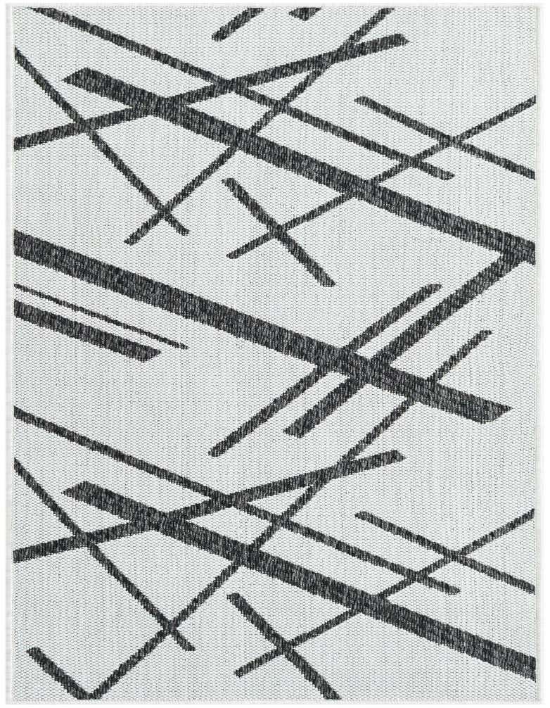 A 5 Ft Runner rug from the Outdoor Modern collection, featuring a black abstract geometric pattern on a white background, suitable for a hallway or patio.