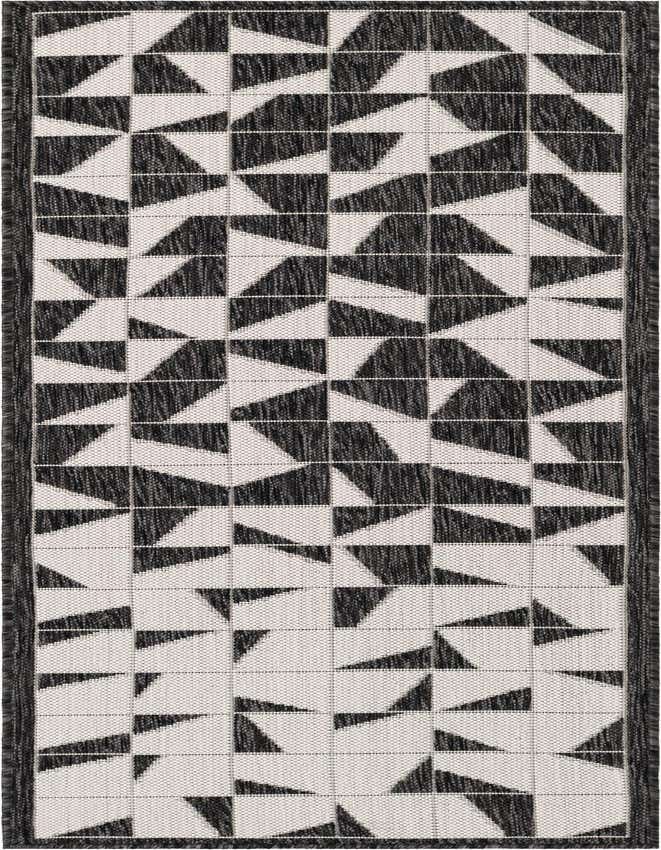 A 6 ft runner rug featuring a modern black and white abstract geometric pattern with a flatweave texture, suitable for a hallway or patio.