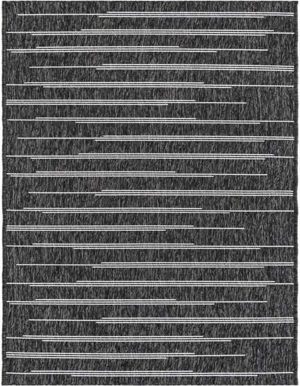 A black and white 12 ft runner rug with a modern stripe pattern, suitable for a hallway or patio.