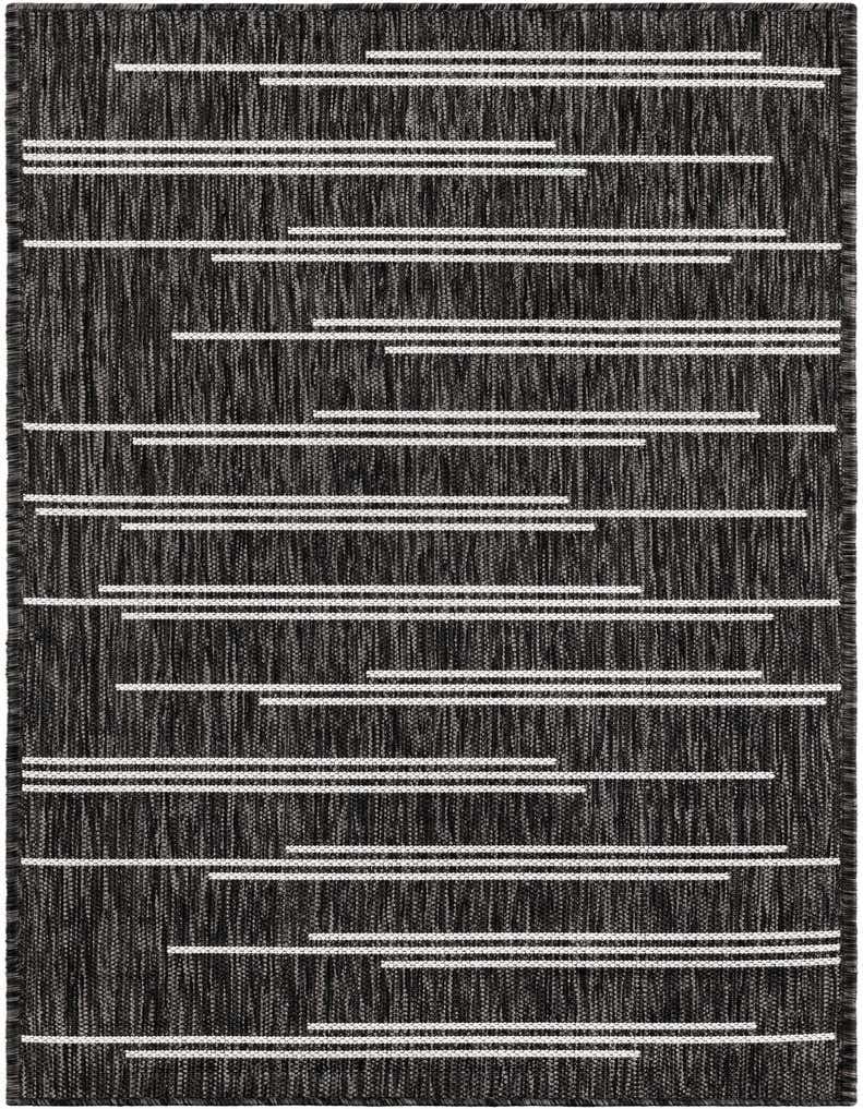 A 5 ft runner rug with a black textured flatweave base and minimalist white horizontal stripes, ideal for a hallway or patio.