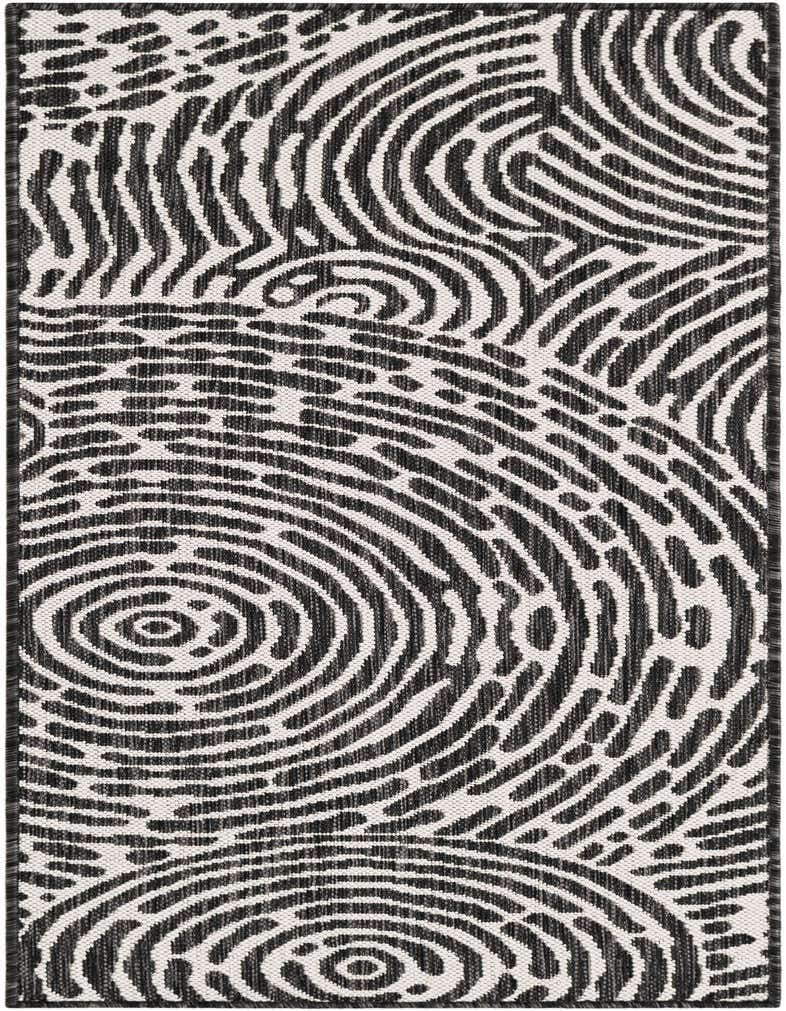 A 5 Ft runner rug with a modern black and white abstract pattern, featuring swirling lines and dotted textures, suitable for a hallway or patio.