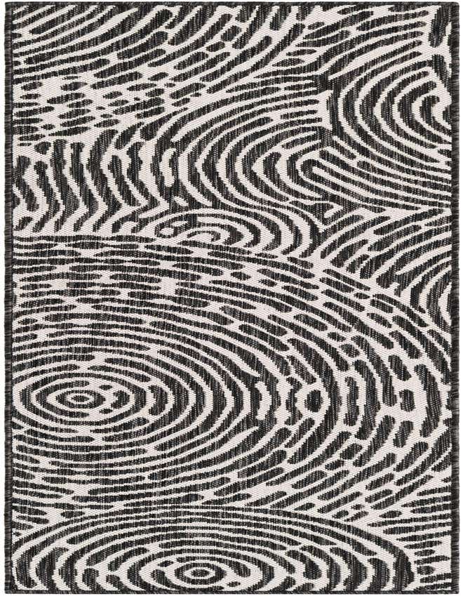 A 6 ft runner rug featuring a modern abstract pattern of black and white concentric circles and organic shapes, suitable for a hallway or patio.