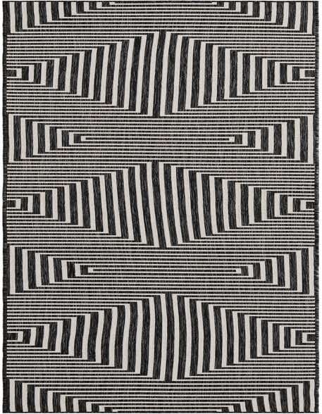 A black and white 12 ft runner rug with a bold, contemporary geometric stripe pattern, ideal for a hallway or patio.