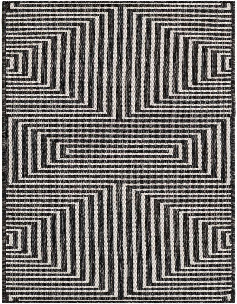A 5 Ft Runner rug with a bold black and white geometric stripe pattern, ideal for a modern hallway or patio.