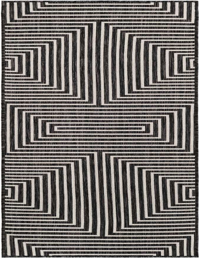 A 6 ft runner rug with a bold black and white contemporary striped geometric pattern, suitable for a hallway or patio.