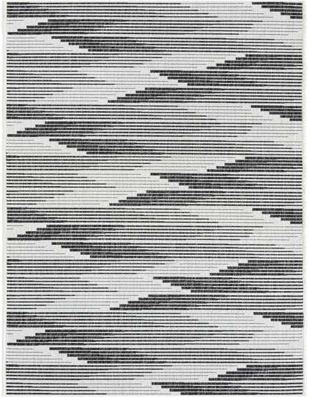 A 12 ft runner rug with a modern black and white striped pattern, ideal for a hallway or patio.