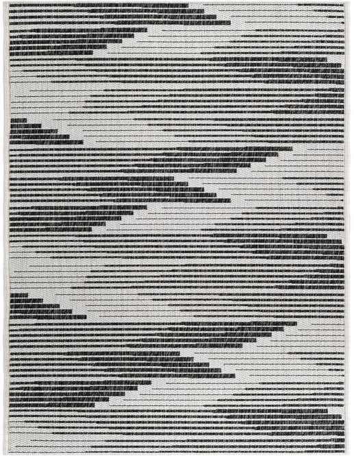 A black and white 8 ft runner rug with a modern, horizontal stripe pattern, ideal for a hallway or patio.