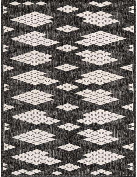 A 12 ft runner rug featuring a modern black and white geometric diamond pattern, suitable for a hallway or patio.