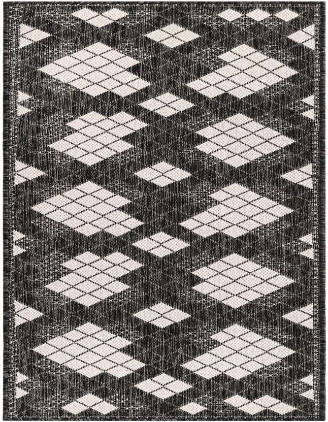 A 6 ft runner rug featuring a modern black and white geometric diamond pattern, suitable for hallways or outdoor patios.