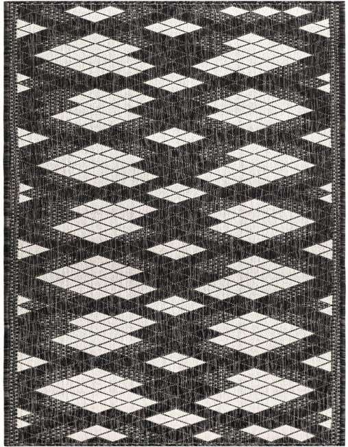 A black and white modern runner rug featuring a repeating geometric diamond pattern, ideal for a hallway or patio.