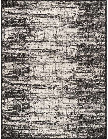 A 12 ft runner rug featuring an abstract, distressed pattern in black and ivory, suitable for a hallway or patio.