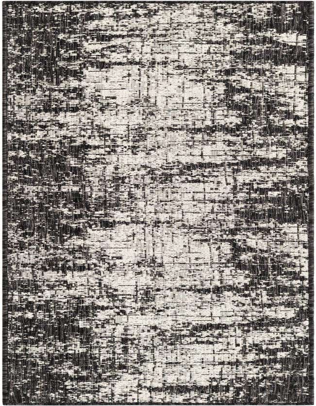 A 6 ft runner rug with a black and white abstract, distressed pattern, suitable for modern indoor or outdoor spaces.