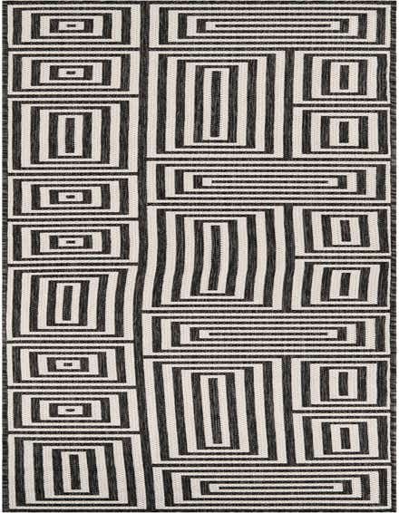 A 12 ft runner rug featuring a bold black and white abstract geometric pattern of interlocking rectangles and squares, suitable for a hallway or patio.