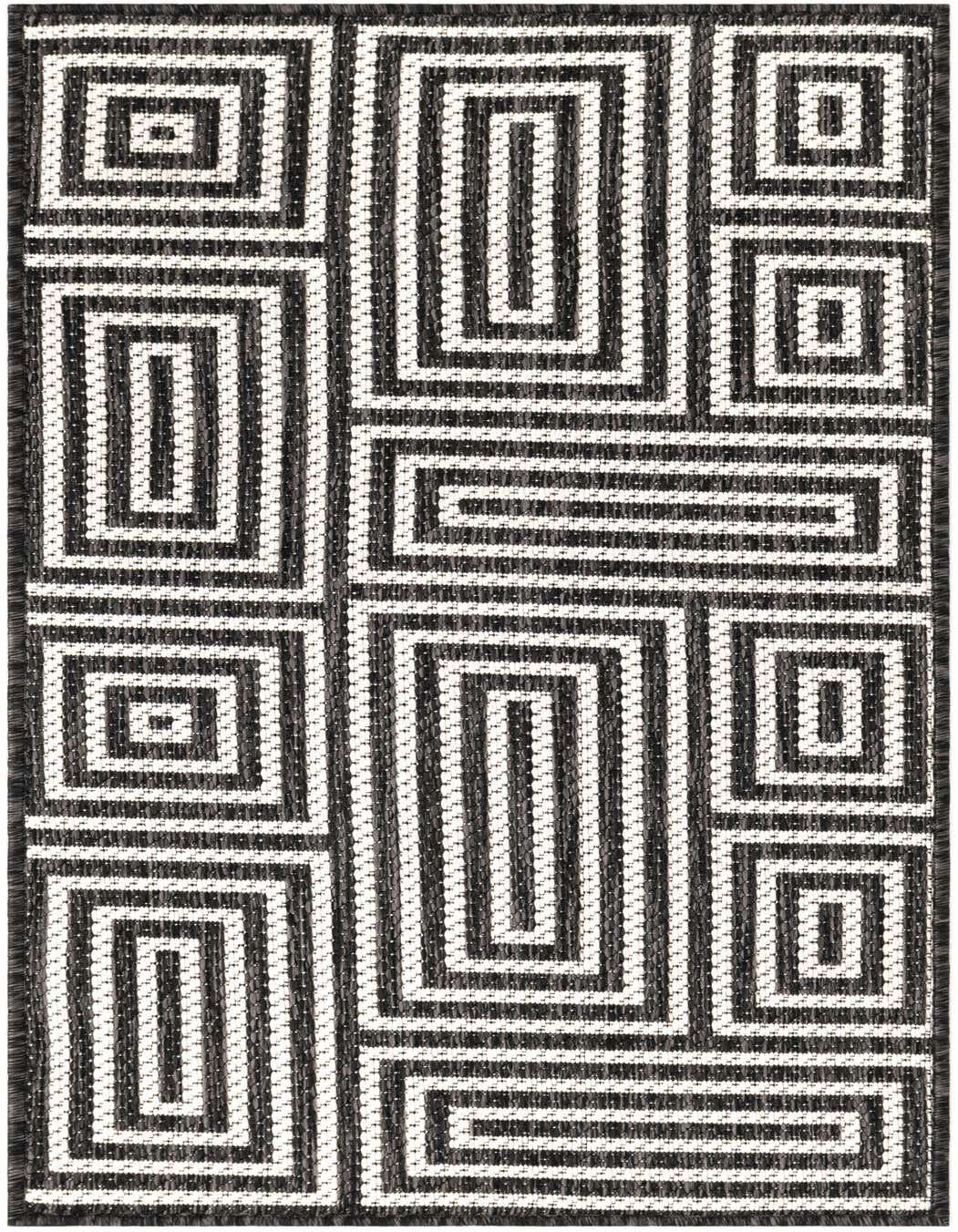 A 4 Ft runner rug with a bold black and white abstract geometric pattern of interlocking rectangles and squares.