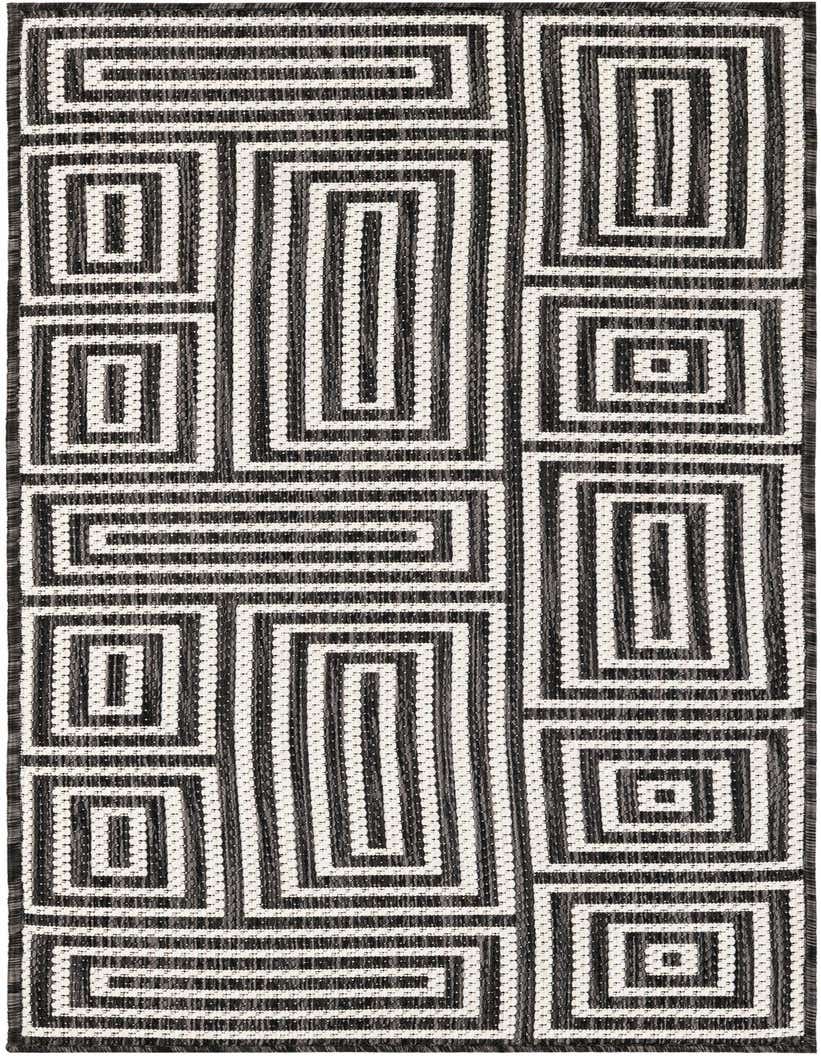 A 5 ft runner rug featuring a modern abstract pattern of interlocking black and white rectangles and squares, suitable for a hallway or patio.