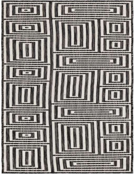 A black and white modern runner rug with an abstract geometric pattern of interlocking rectangles and lines, suitable for a hallway or patio.