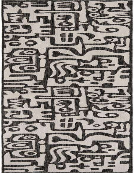 A 12 ft black and white modern abstract runner rug with a bold, irregular pattern, suitable for a hallway or patio.