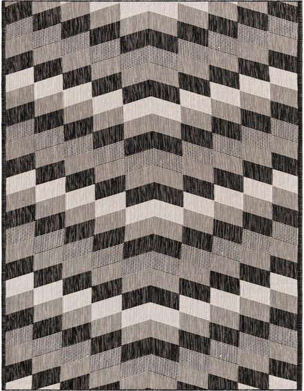 A 12 ft black and white runner rug with a modern tribal geometric pattern, ideal for hallways or patios.