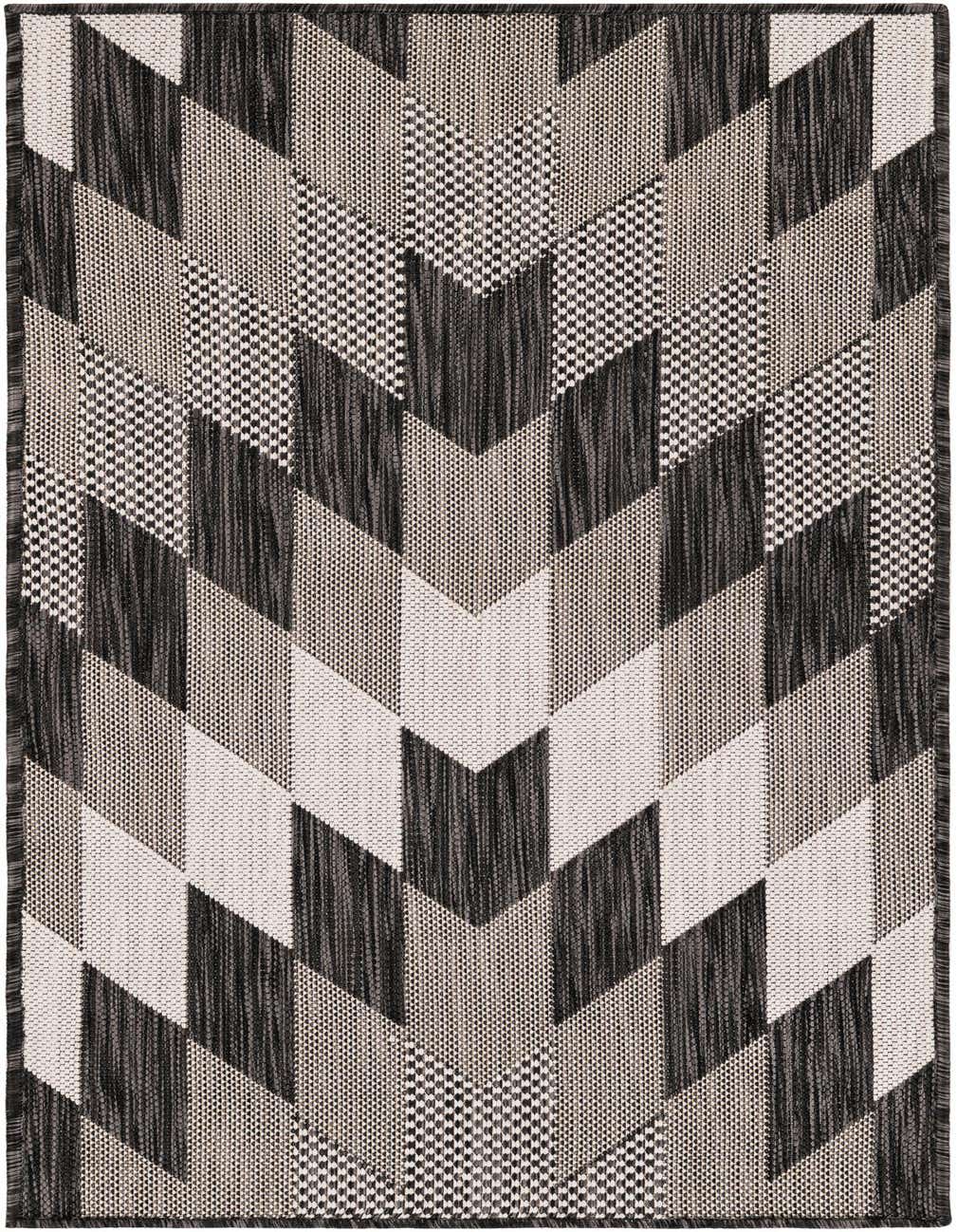 A 4 Ft Runner rug with a modern tribal geometric pattern in black, ivory, and cream, suitable for a hallway or patio.