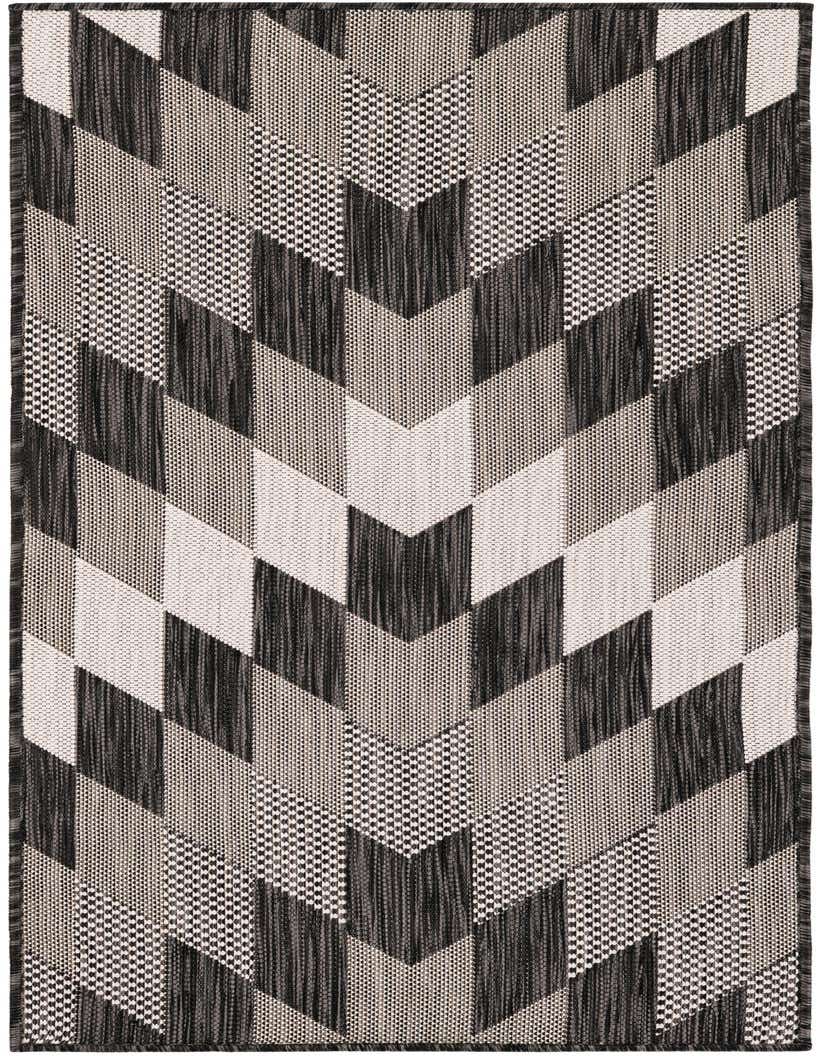 A 5 ft runner rug featuring a modern tribal geometric pattern in black, white, and ivory, suitable for hallways or patios.