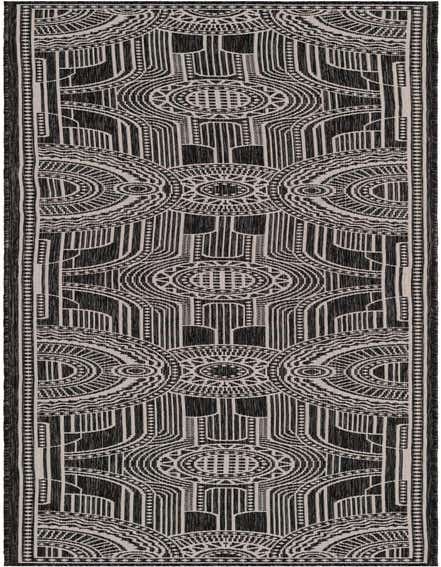 A 12 ft runner rug with a black and ivory contemporary medallion pattern, ideal for a hallway or patio.