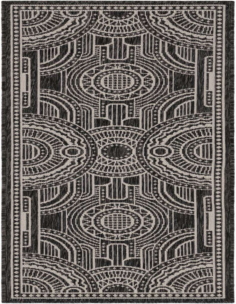 A 5 ft runner rug with a repeating black and white contemporary medallion pattern, ideal for a hallway or patio.