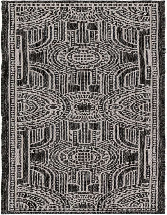 A 6 ft runner rug in black and ivory with a contemporary medallion pattern, suitable for hallways or patios.