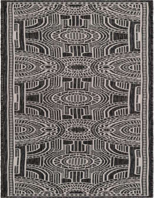 A black and white 8 ft runner rug with a repeating medallion and geometric pattern, ideal for a hallway or patio.