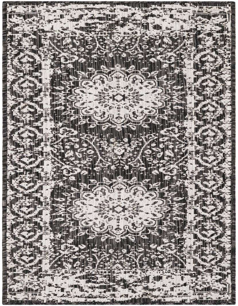 A black and white 5 ft runner rug with a vintage medallion pattern, suitable for hallways or patios.