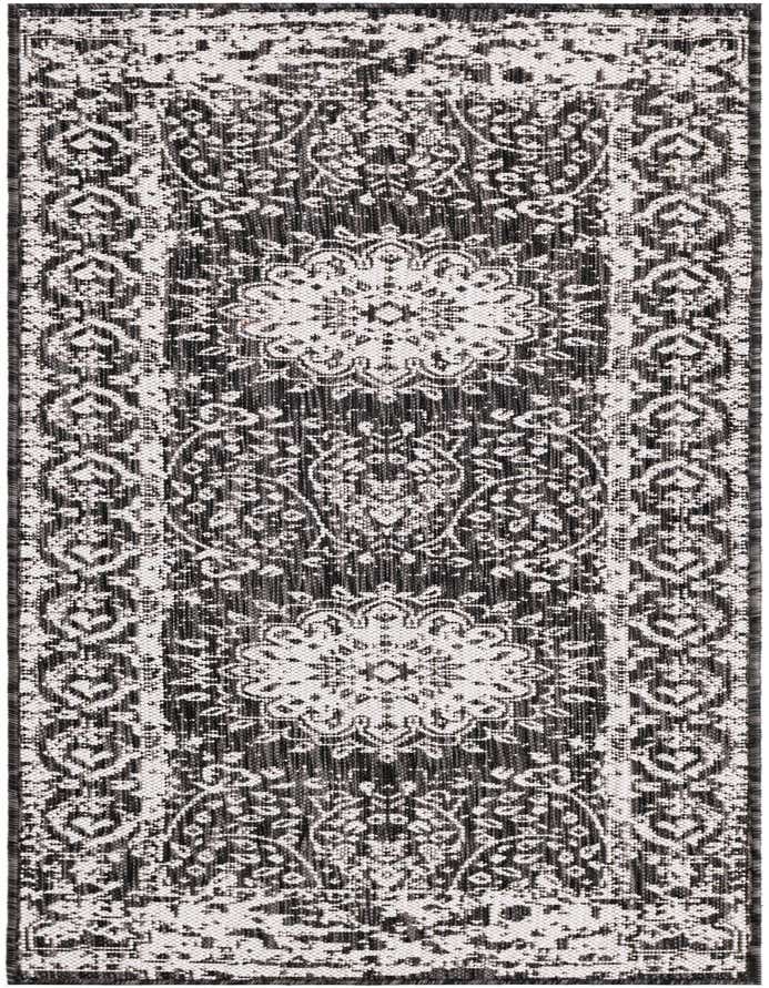 A 6 ft runner rug with a black background and distressed white traditional medallion and floral patterns, suitable for hallways or patios.